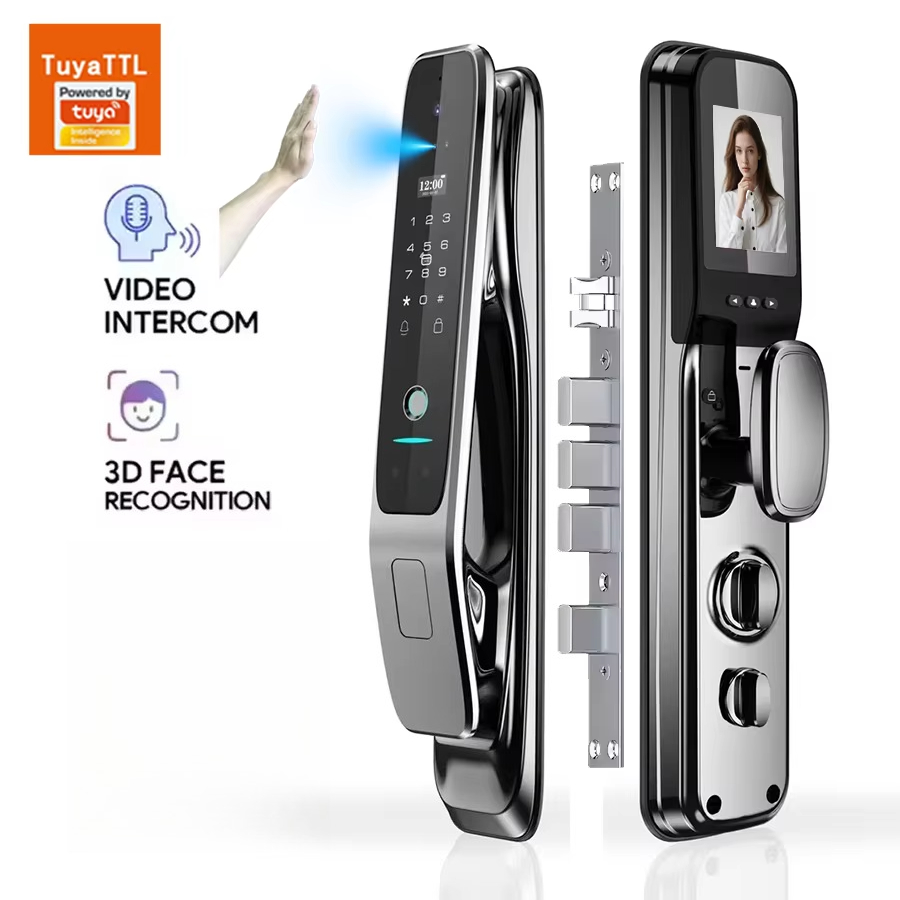 Smart Door Lock Wifi - Tuya全自動スマートドアロック、3D顔認証と指紋認証によるセキュリティ機能搭載、アルミ＆木製ドア対応、Wi-Fi接続
