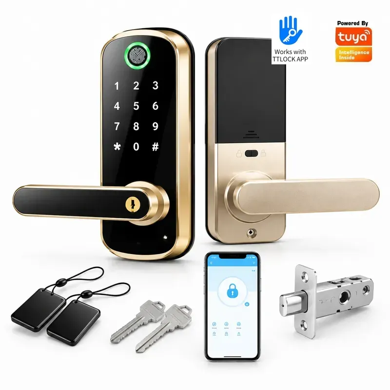 Smart Door Lock Wifi - 単一言語対応のパスワード式指紋認証ロック。木製ドア用。防犯機能付きのスマート電子ロック。